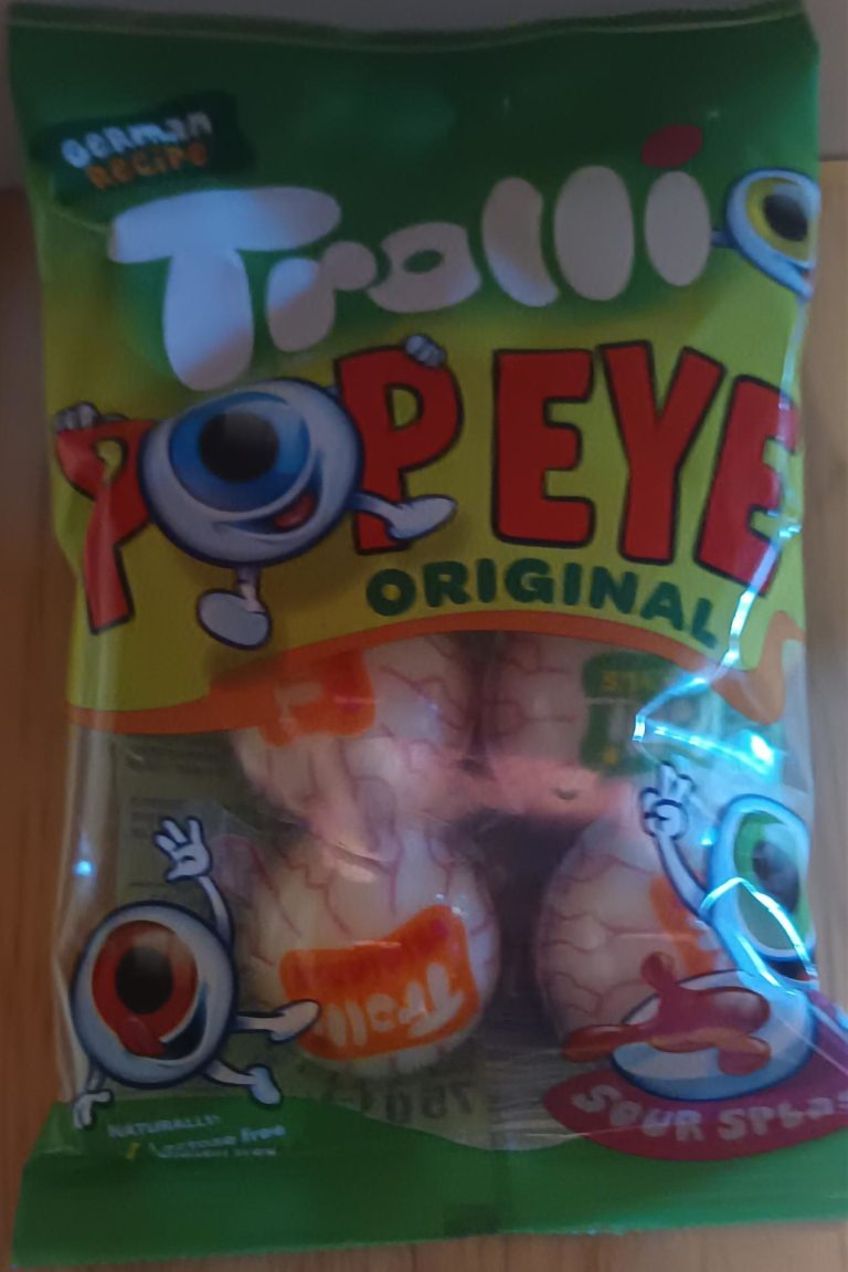 Trolli Pop Eye – Bonbons Œil Acidulés Sachet Trolli Pop Eye avec visuels d’yeux colorés et design vert