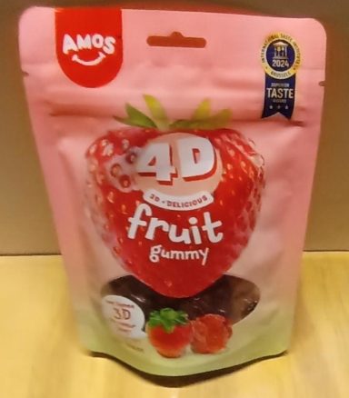 Sachet AMOS 4D Fruit Gummy fraise avec bonbons en forme de fraise