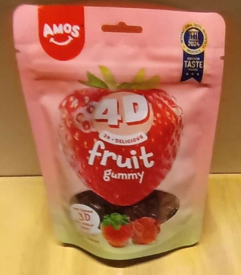 AMOS 4D Strawberry – Bonbons 3D Sachet rose AMOS 4D avec visuel fraise et bonbons gélifiés en relief