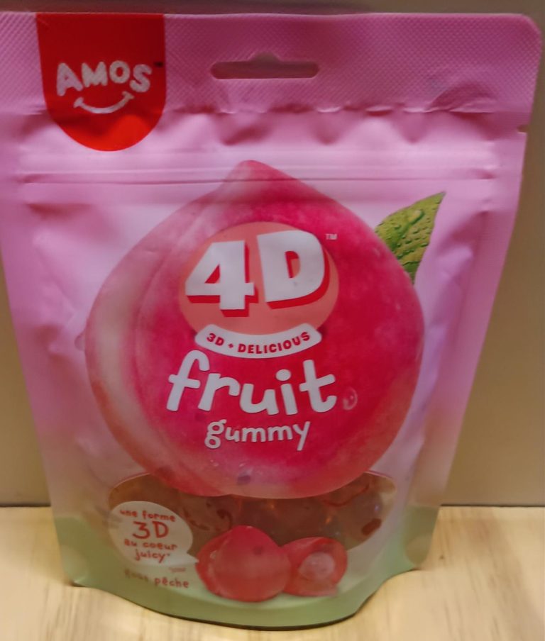 AMOS 4D Peach – Bonbons 3D Sachet rose AMOS 4D avec visuel pêche et bonbons gélifiés en relief