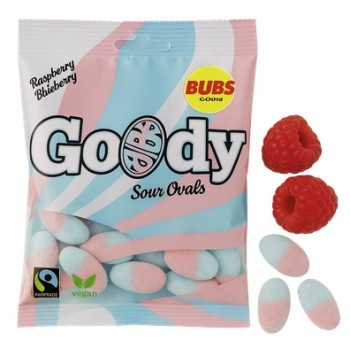 Sachet de bonbons acidulés en forme d'œufs avec des framboises.