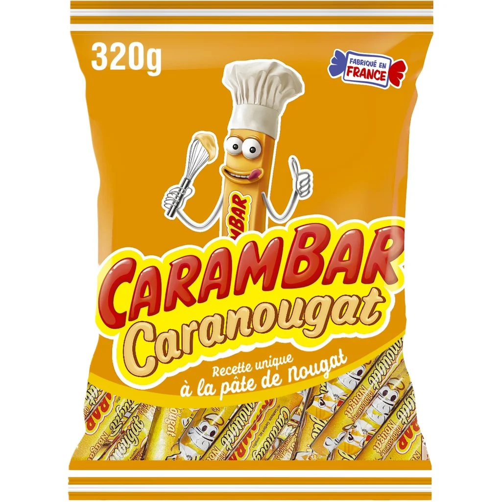 Carambar Caranougat- anti gaspi – Sachet 320 g Paquet Carambar Caranougat orange avec personnage et caramels nougatés